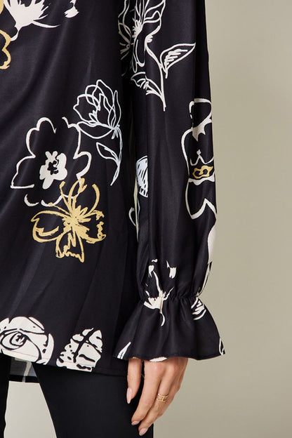 Black Floral Flounce Sleeve Blouse - Eclectage