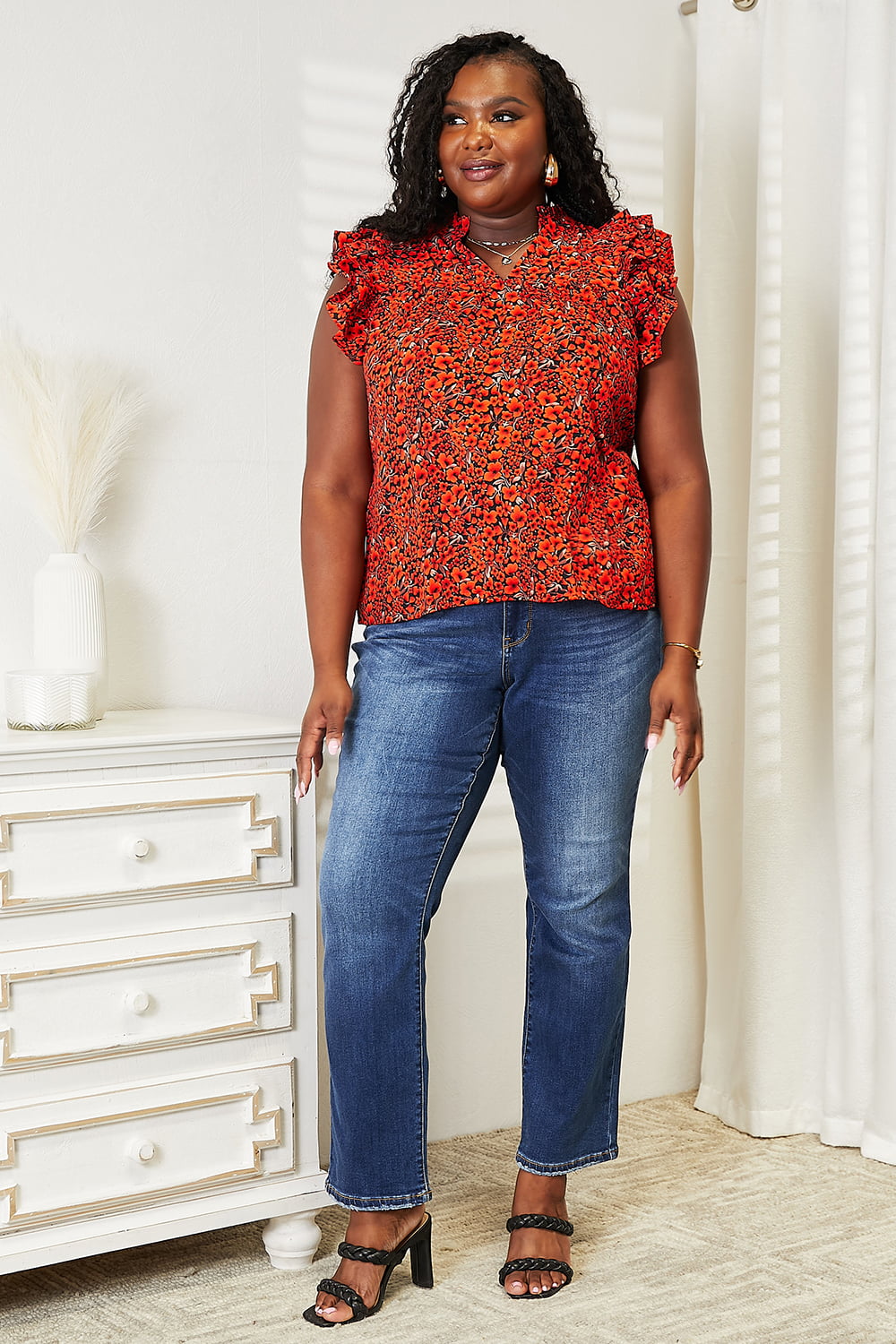 Double Take Floral Flutter Sleeve Notched Neck Blouse - Eclectage