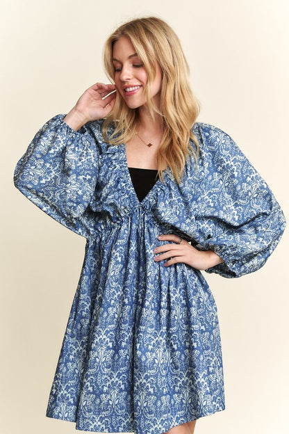 Blue Floral Batwing Sleeve Mini Dress - Eclectage