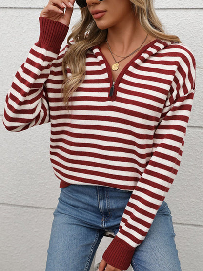 Perfee Striped Long Sleeve Hooded Sweater - Eclectage