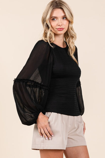 Mixed Media Textured Knit Chiffon Top - Eclectage