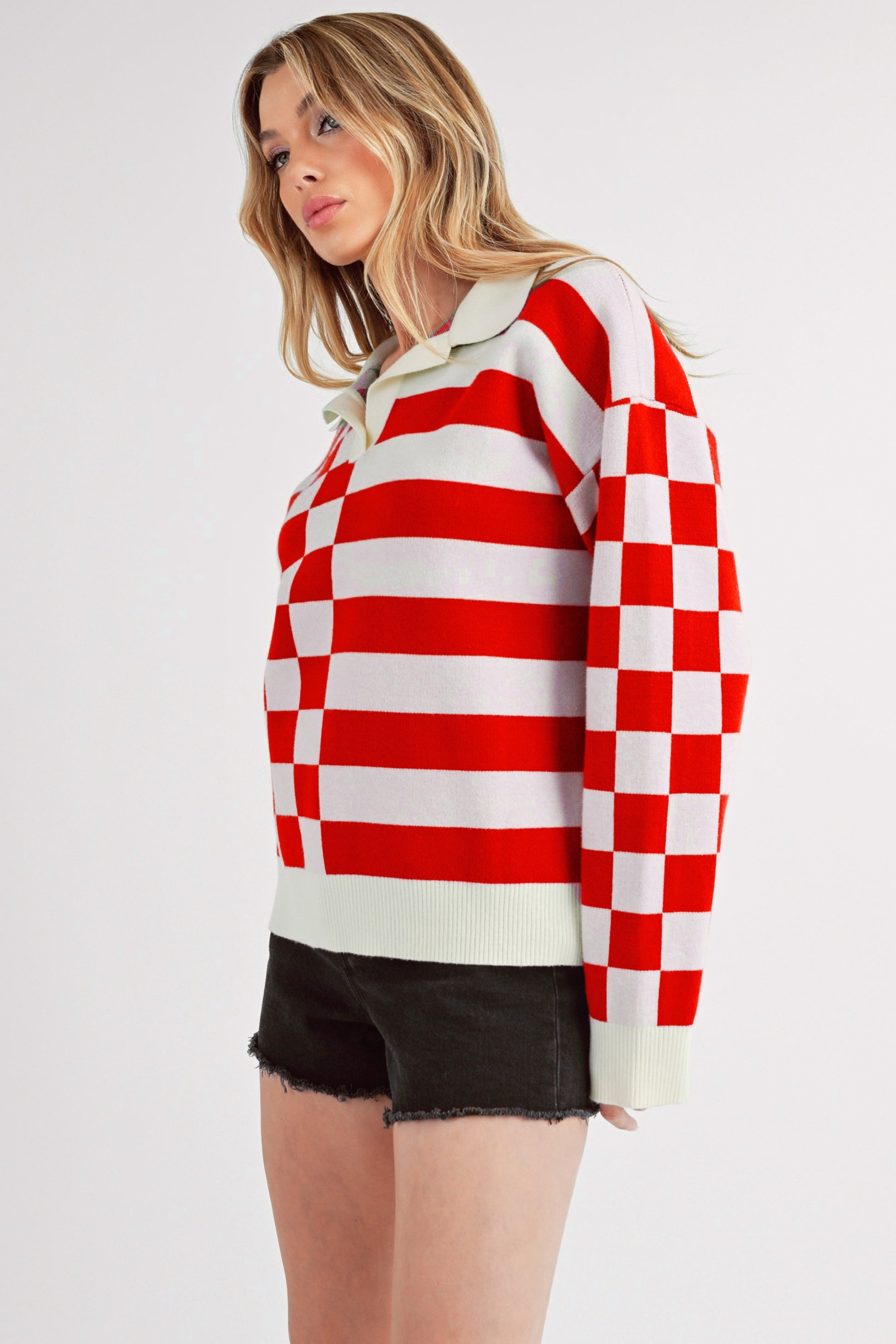 Striped & Checkered Drop Shoulder Sweater - Eclectage