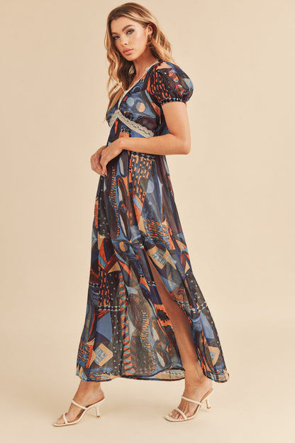 Geometric Print Short Sleeve Maxi Dress - Eclectage