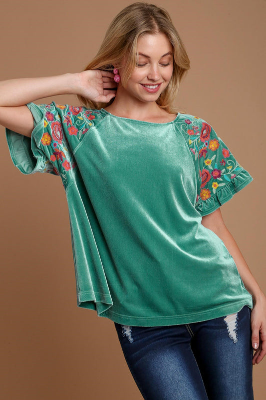 Turquoise Velvet Short Sleeve Blouse - Eclectage