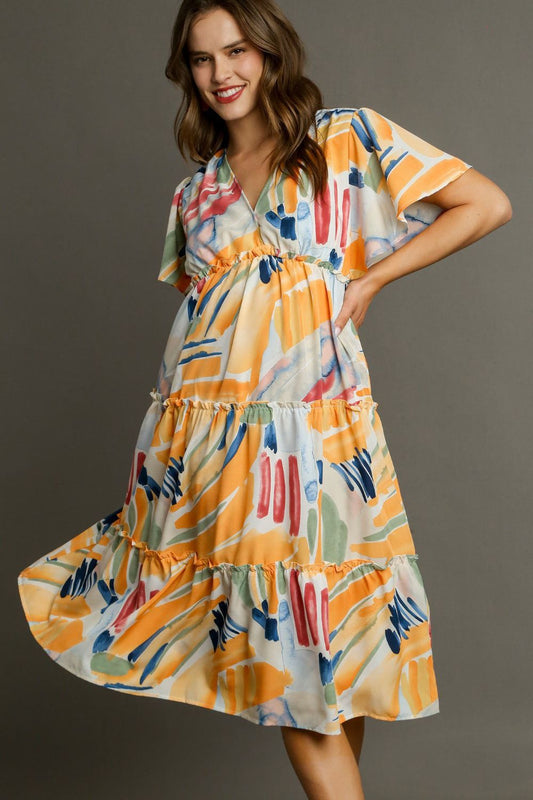 Abstract Print Frill Tiered Midi Dress - Eclectage