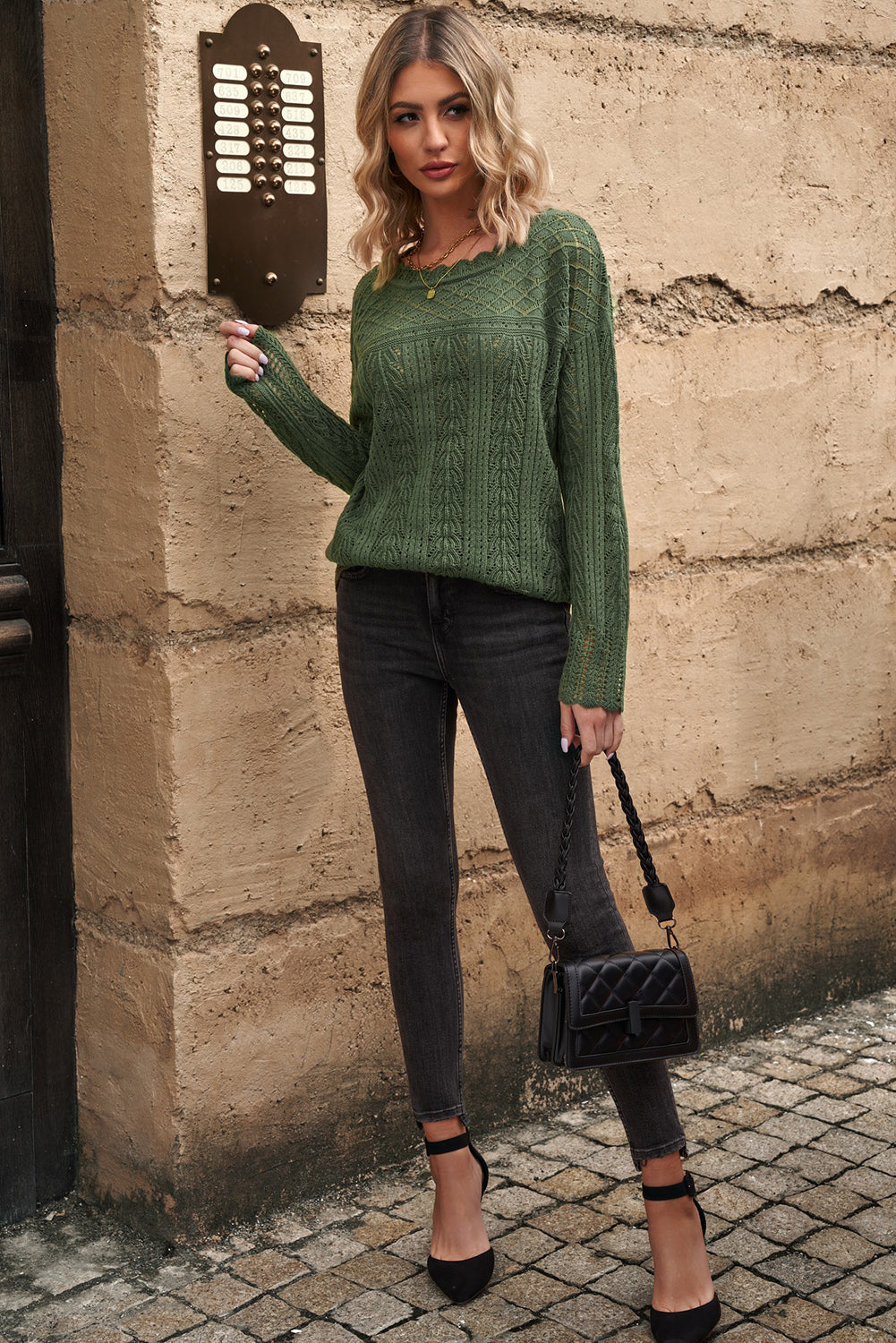 Openwork Round Neck Long Sleeve Knit Top - Eclectage