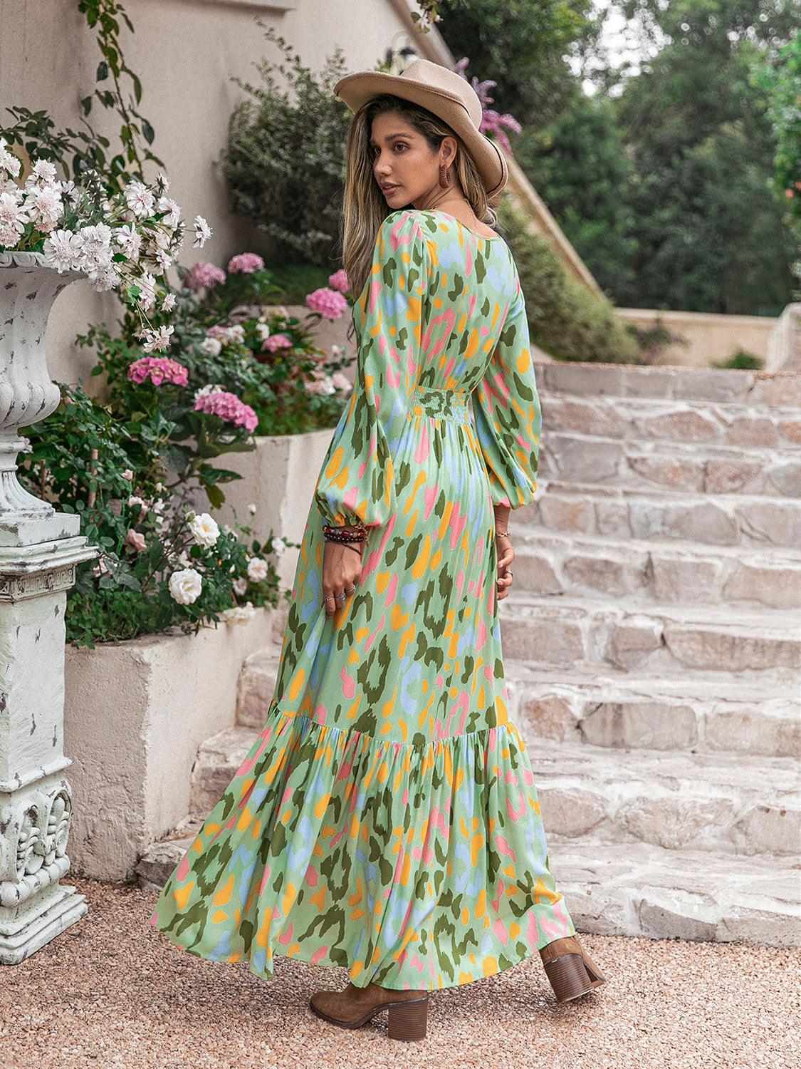 Green Printed Tie Neck Long Sleeve Maxi Dress - Eclectage