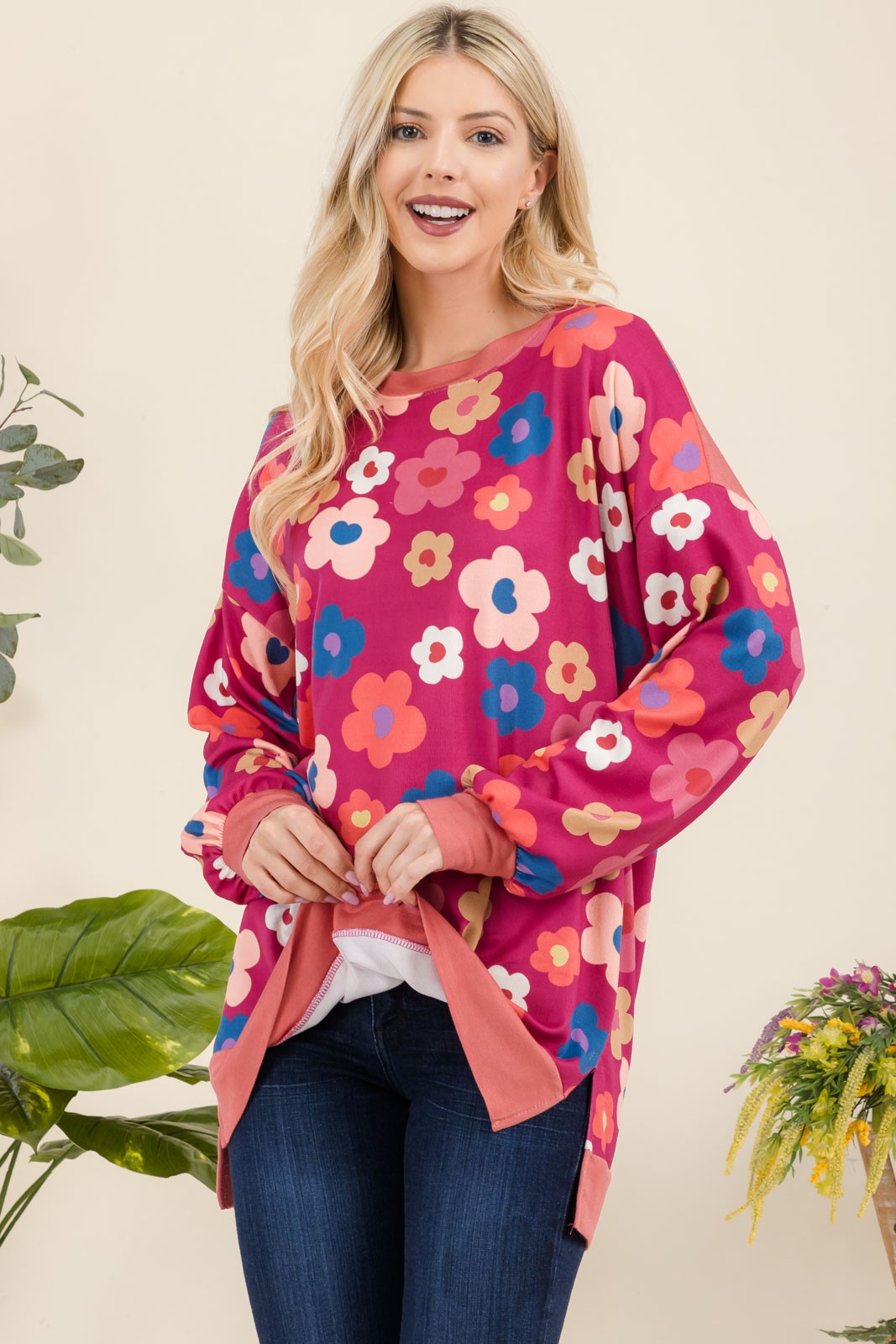 Side Slit Flower Print Long Sleeve Top - Eclectage