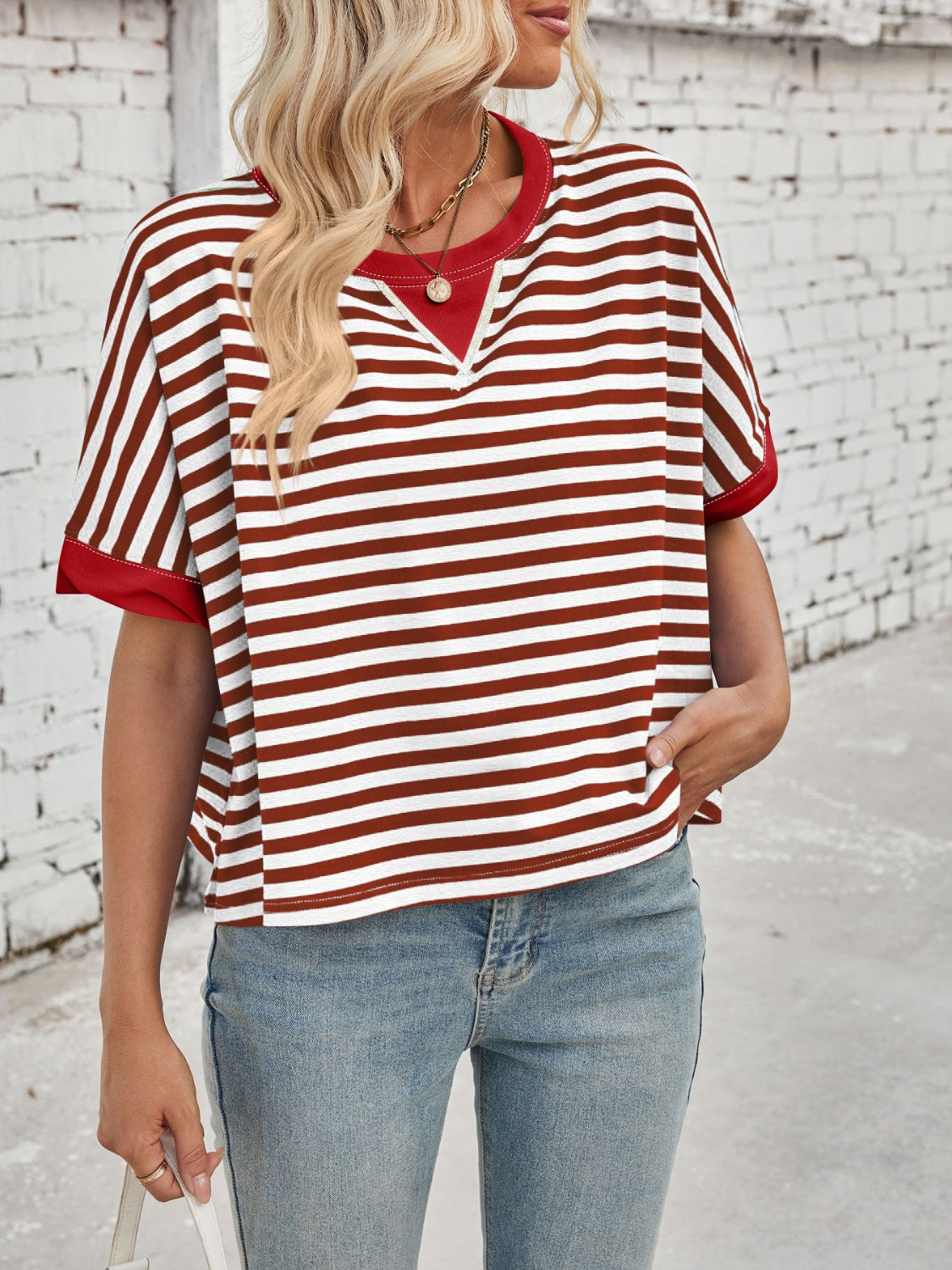 Lovelet Striped Round Neck Short Sleeve T-Shirt - Eclectage