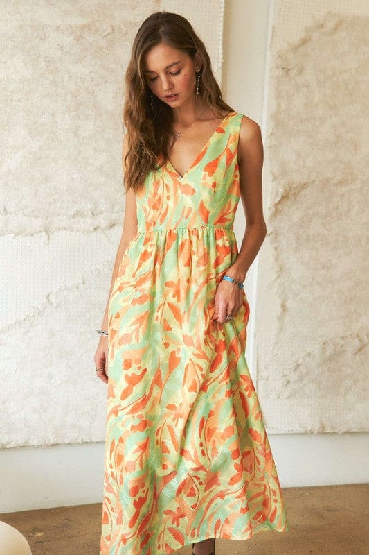 Green Floral Abstract V-Neck Maxi Dress - Eclectage