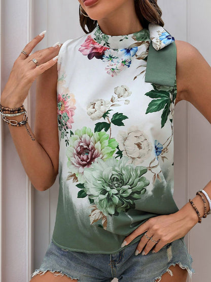 Tied Flower Printed Mock Neck Top - Eclectage