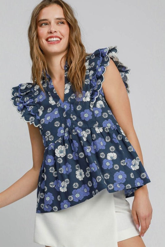 Umgee Full Size Floral Print Peplum Top Plus Size - Eclectage