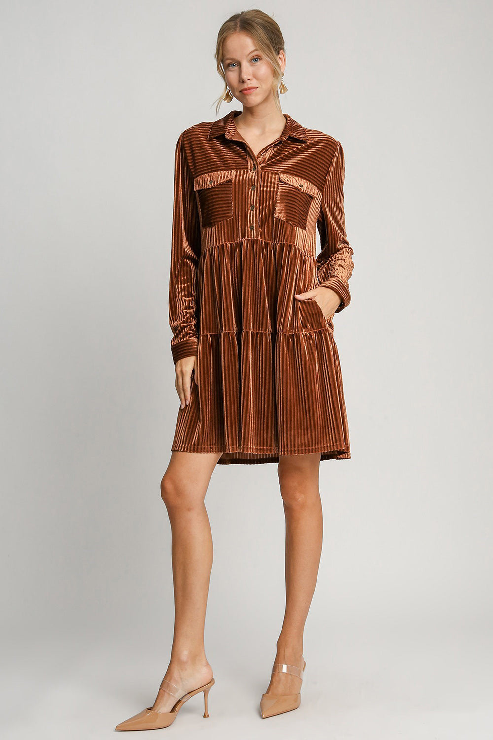 Copper Tiered Collared Long Sleeve Dress