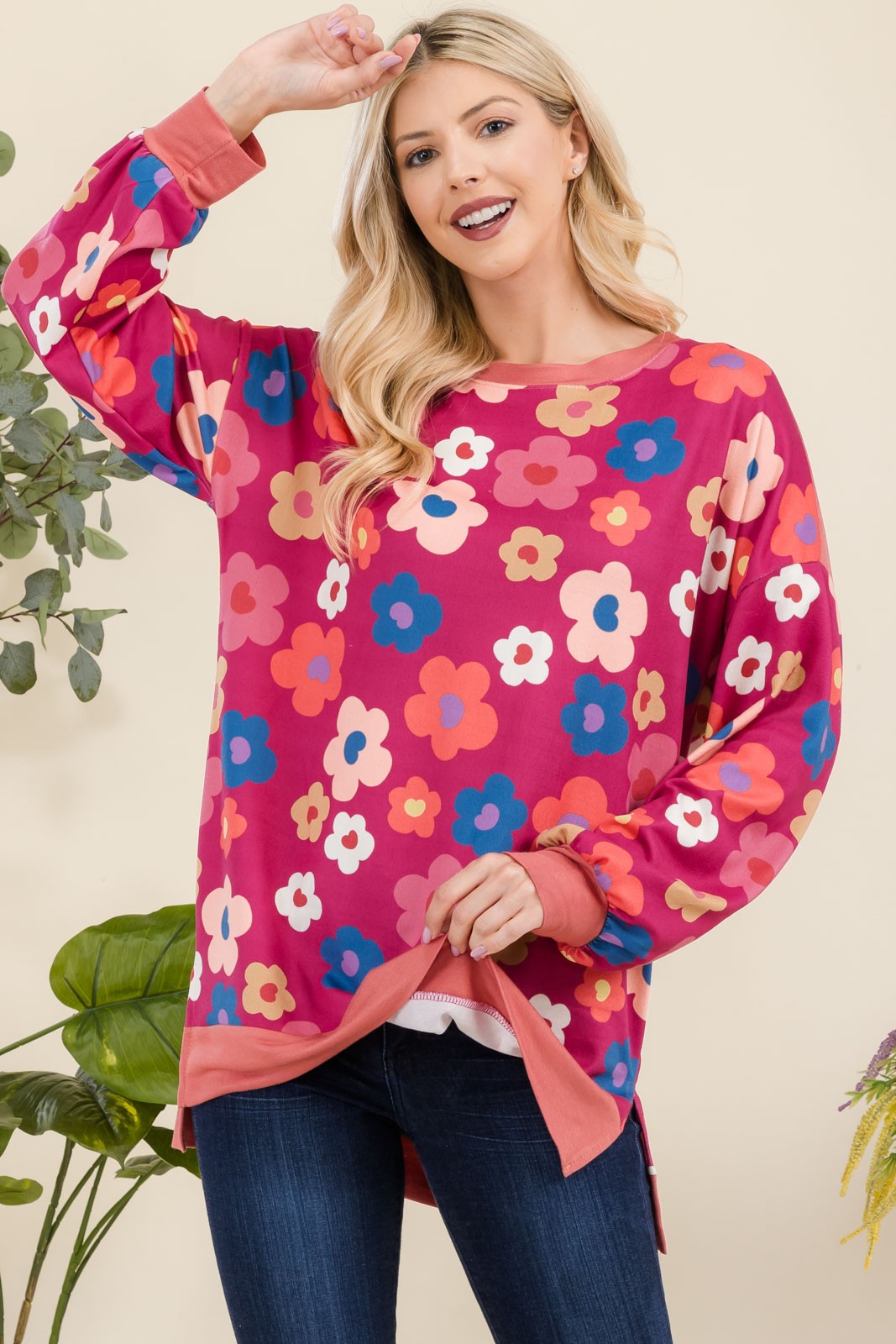 Side Slit Flower Print Long Sleeve Top - Eclectage