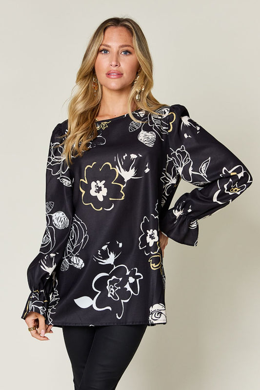 Black Floral Flounce Sleeve Blouse - Eclectage