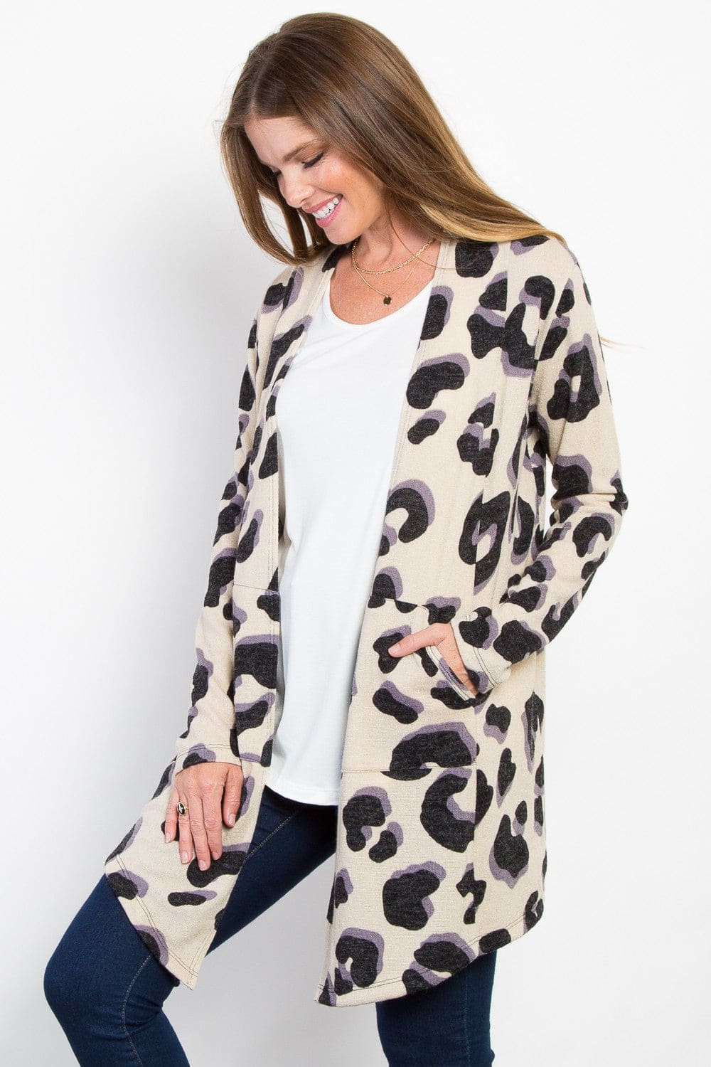 Animal Print Open Front Knit Cardigan