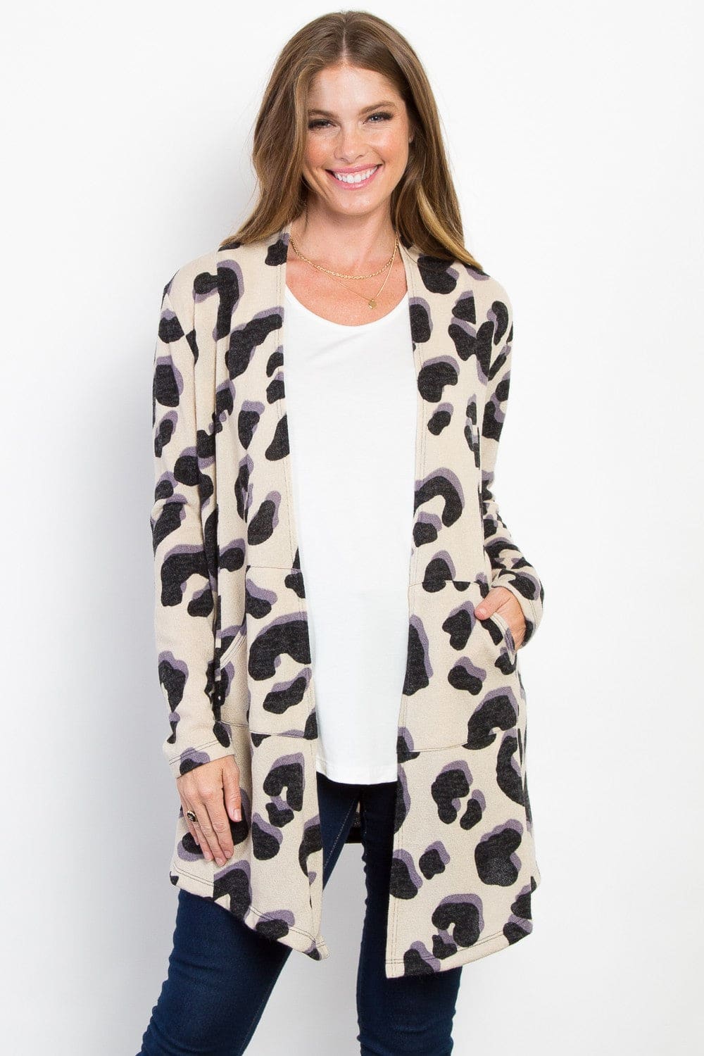 Animal Print Open Front Knit Cardigan