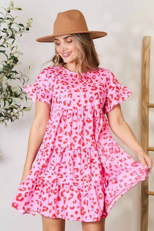 Pink Animal Print Tiered Mini Dress - Eclectage