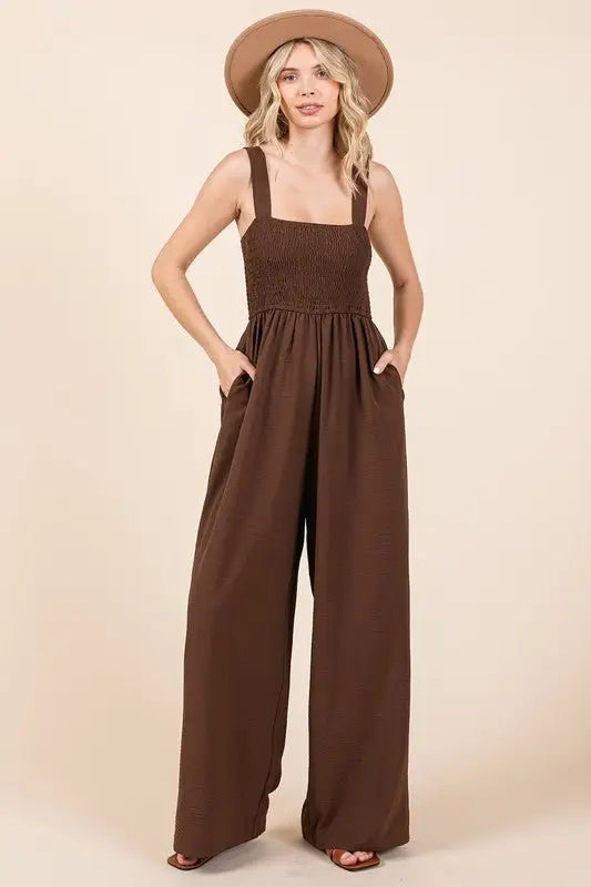 Ash Brown Wide Strap Wide Leg Overalls