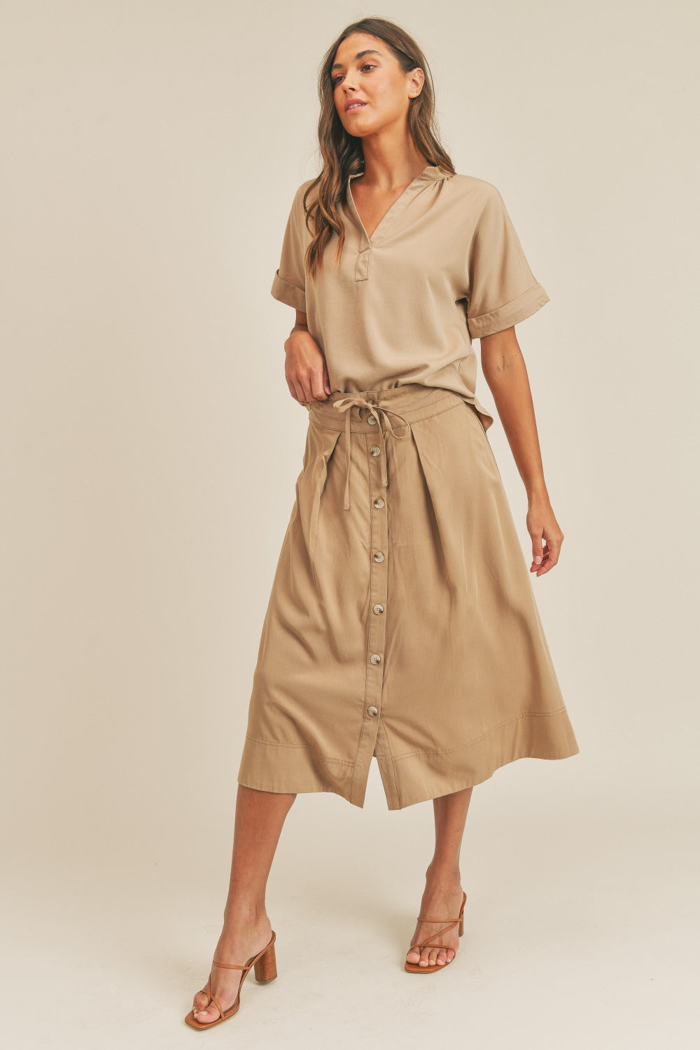 MABLE Short Sleeve Top and Button Down Midi Skirt Set - Eclectage