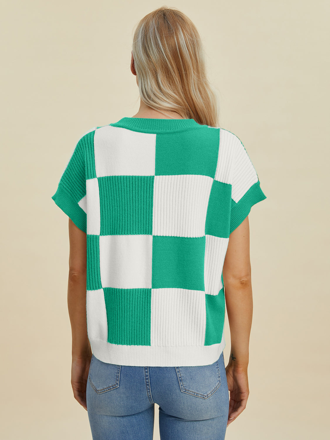 Double Take Full Size Checkered Round Neck Short Sleeve Sweater - Eclectage