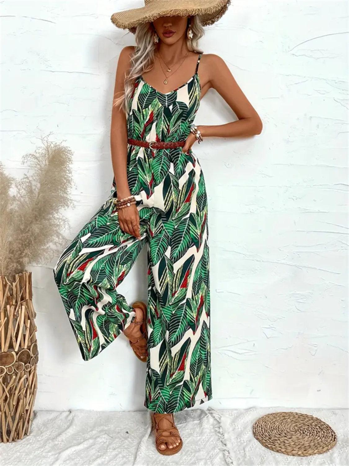 Tropical Print Spaghetti Strap Wide Leg Jumpsuit - Eclectage