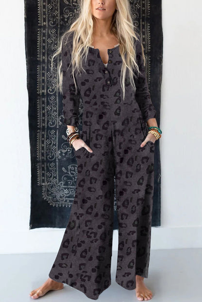 Dark Gray Leopard Buttoned Wide Leg Jumpsuit