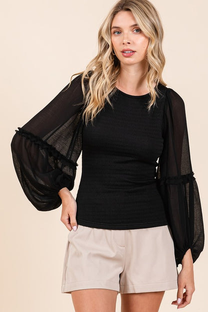 Mixed Media Textured Knit Chiffon Top - Eclectage