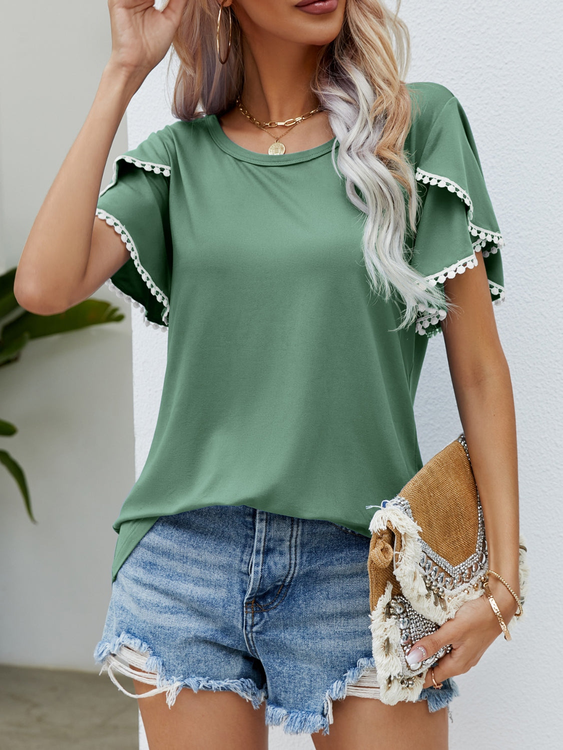 Green Pom-Pom Trim Flutter Sleeve T-Shirt - Eclectage