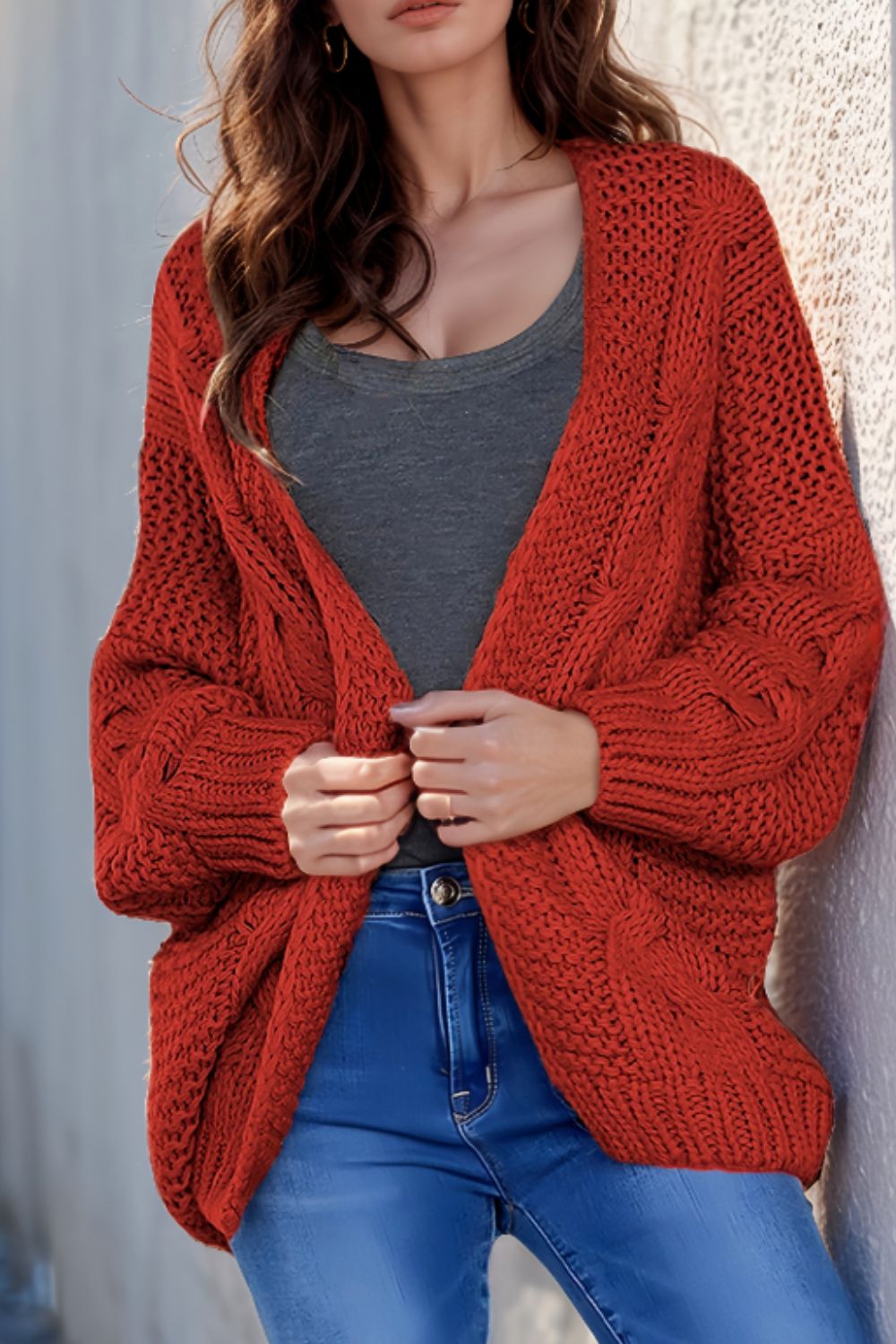 Cable-Knit Open Front Cardigan - Eclectage