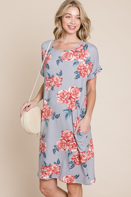 Gray Floral Short Tee Dress - Eclectage