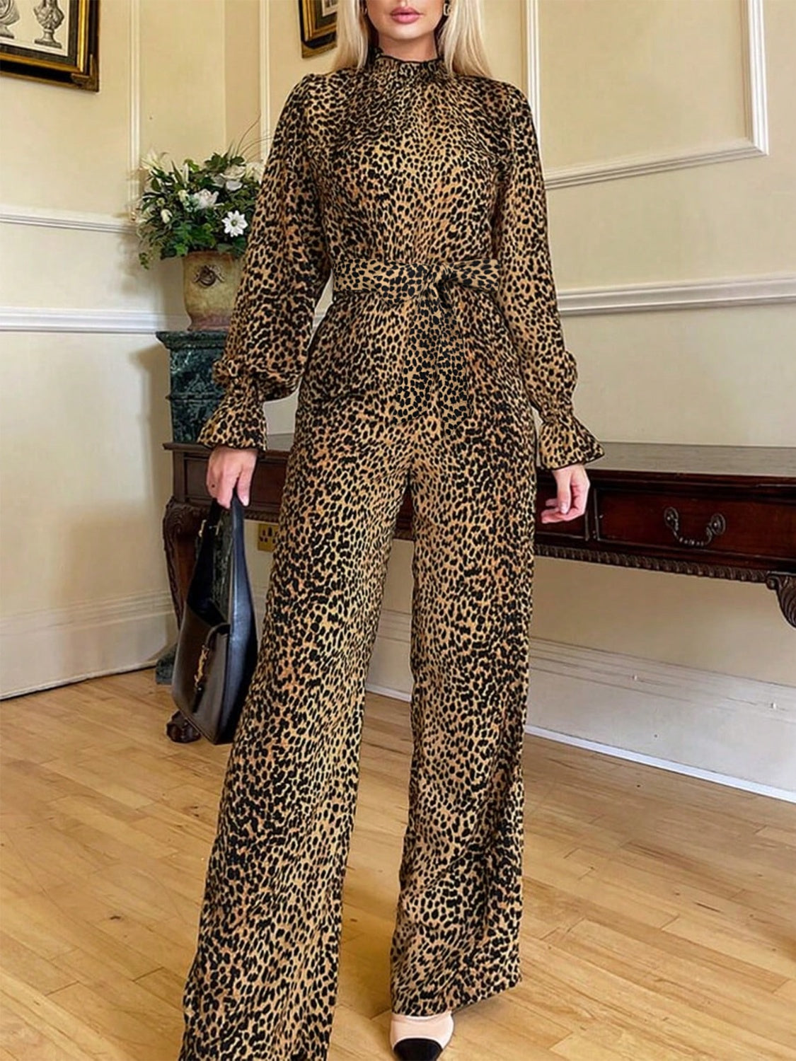 Leopard Flounce Sleeve Jumpsuit