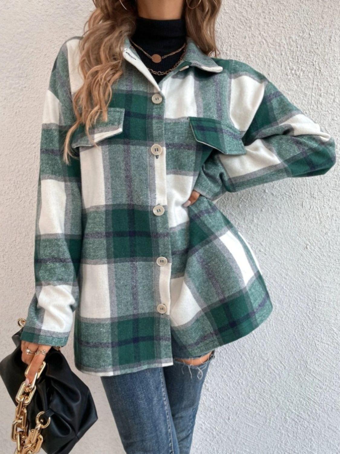 Green Plaid Dropped Shoulder Shacket - Eclectage