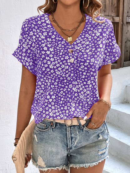 Floral V-Neck Short Sleeve Blouse - Eclectage