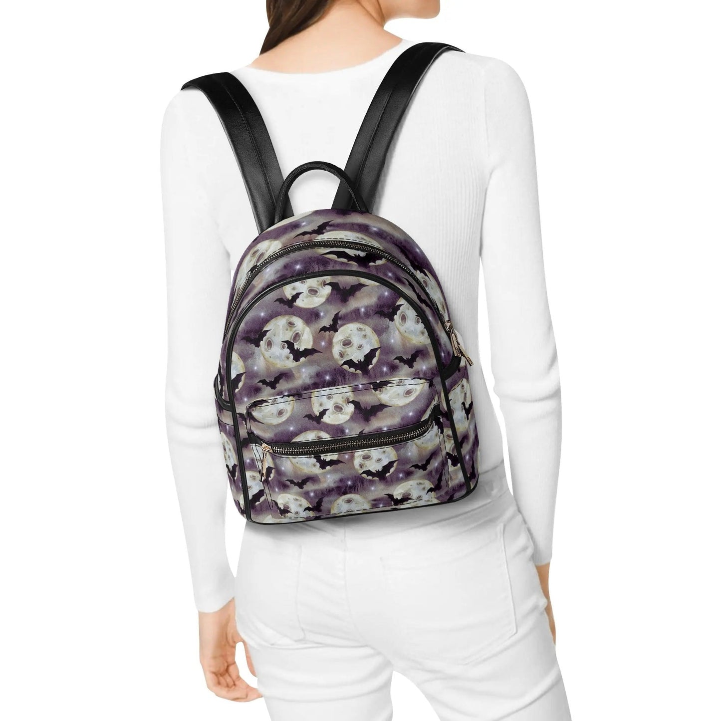 Bats and Moons Casual PU Leather Backpack