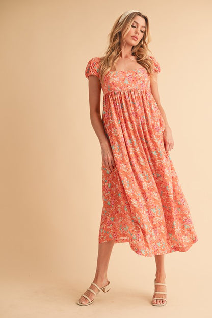 Coral Color Floral Puff Sleeve Midi Dress - Eclectage