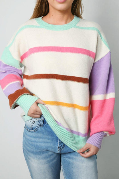 Contrast Striped Round Neck Drop Shoulder Sweater - Eclectage