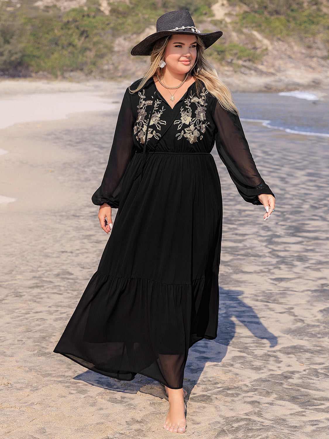 Plus Size Black Embroidered Semi Sheer Dress - Eclectage