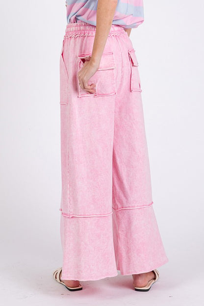 Pink Mineral Washed Terry Wide Leg Pants - Eclectage