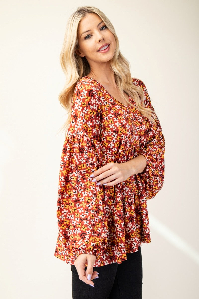 Rust Floral V-Neck Balloon Sleeve Blouse - Eclectage