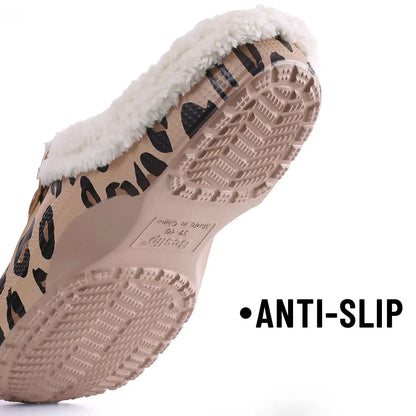 Bebealy Casual Women Garden Shoes Warm Fluffy Men Slippers Winter Waterproof Outdoor Antiskid Slippers Classic Leopard