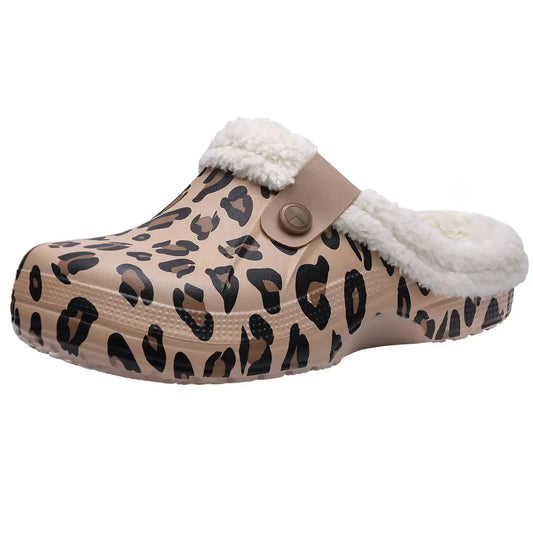 Bebealy Casual Women Garden Shoes Warm Fluffy Men Slippers Winter Waterproof Outdoor Antiskid Slippers Classic Leopard