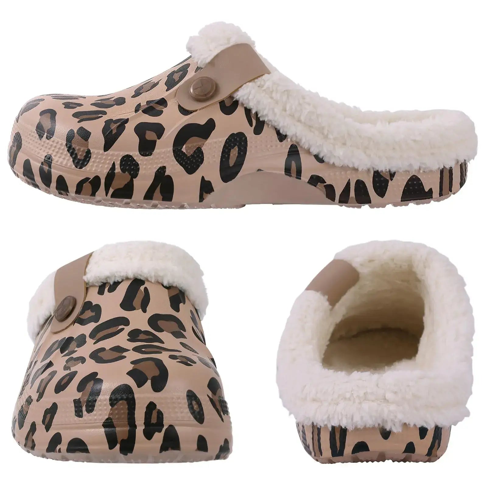 Bebealy Casual Women Garden Shoes Warm Fluffy Men Slippers Winter Waterproof Outdoor Antiskid Slippers Classic Leopard