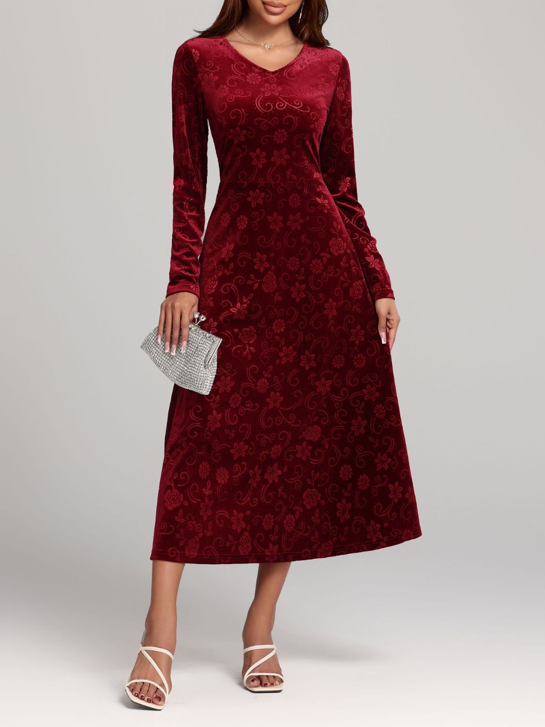 Burgundy Floral Velvet Long Sleeve Midi Dress - Eclectage