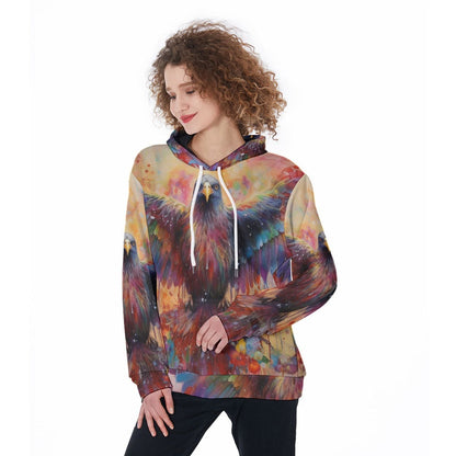 All-Over Print Heavy Fleece Hoodie - front view on model - artistic multicolored sweatshirt with long sleeves and bird all over print