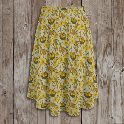 Birds and Nests Midi Skirt With Pockets