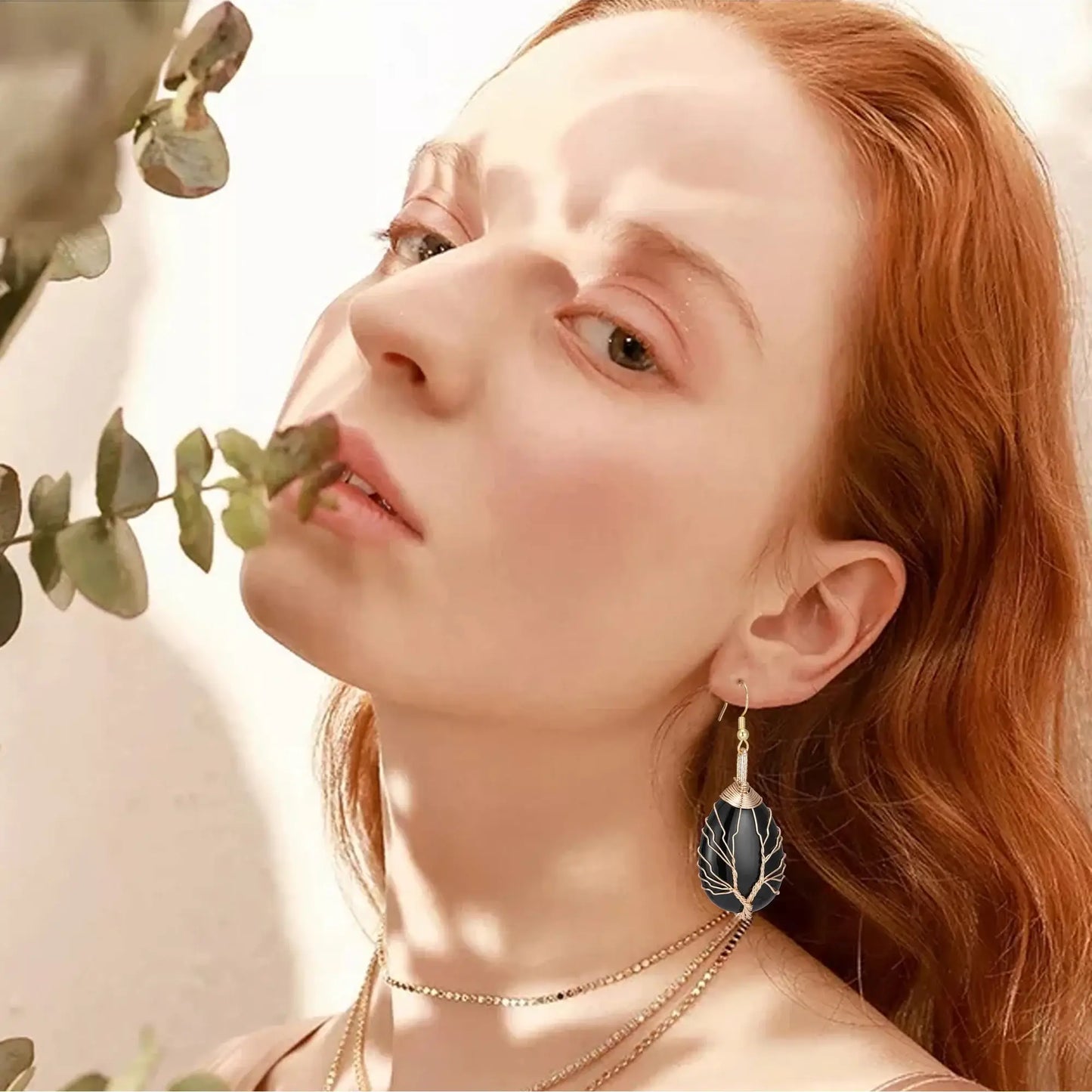 Black Agate Wire Tree of Life Earrings United States Earrings