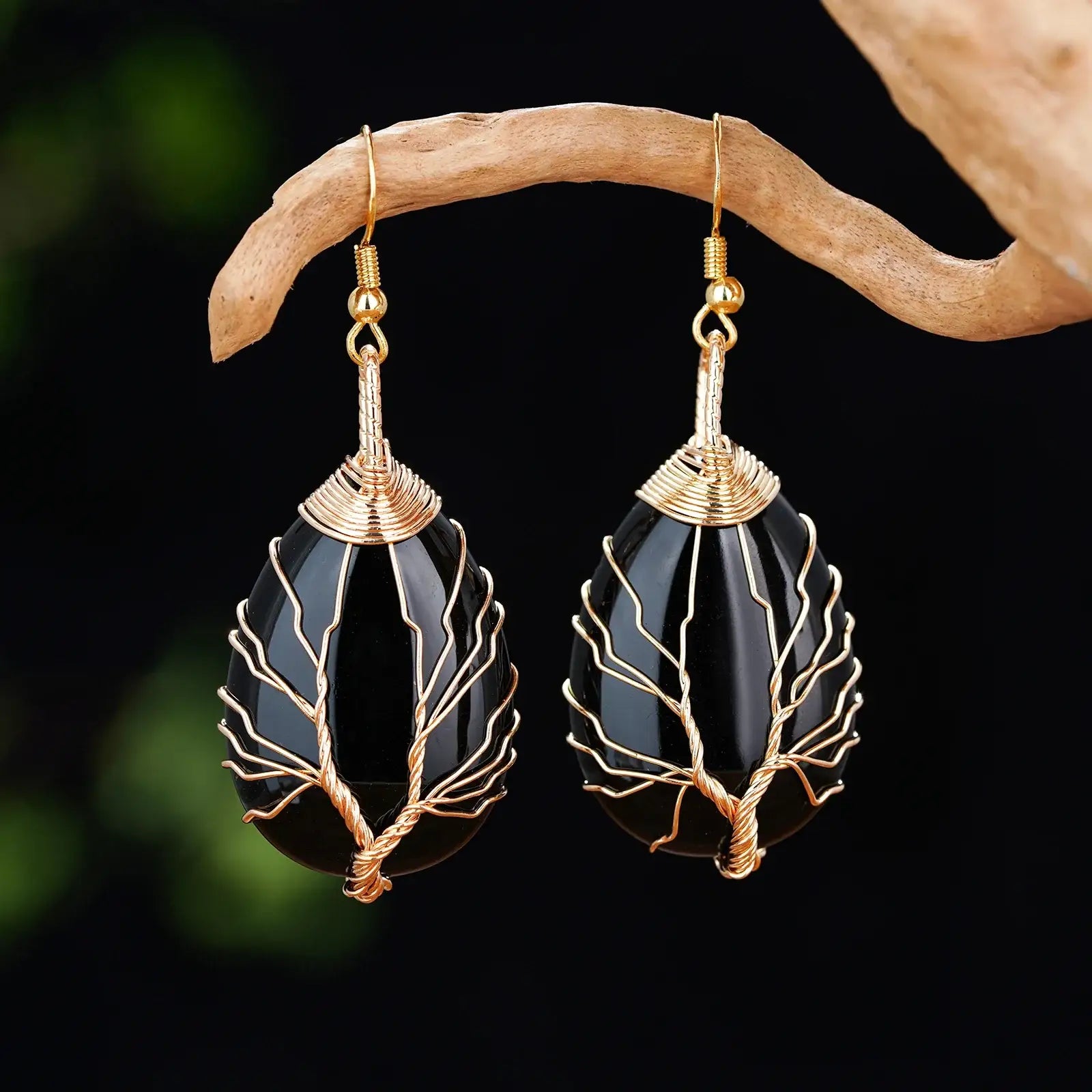Black Agate Wire Tree of Life Earrings United States Earrings