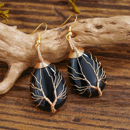 Black Agate Wire Tree of Life Earrings United States Earrings