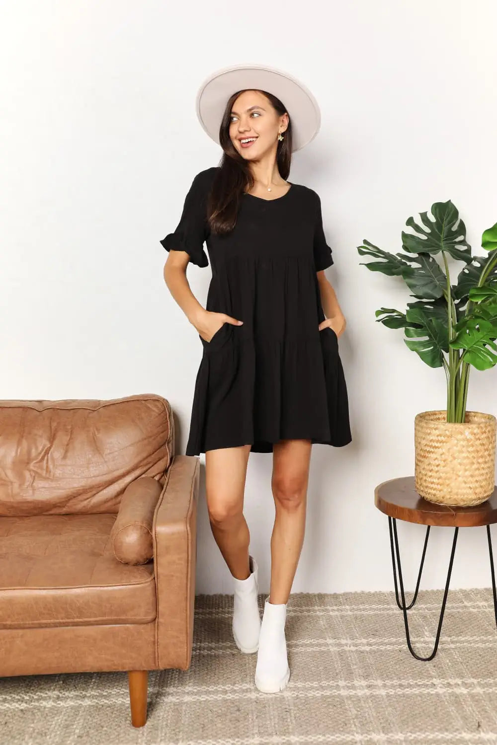 Black or Blue Flounce Sleeve Tiered Dress - Mini Dresses